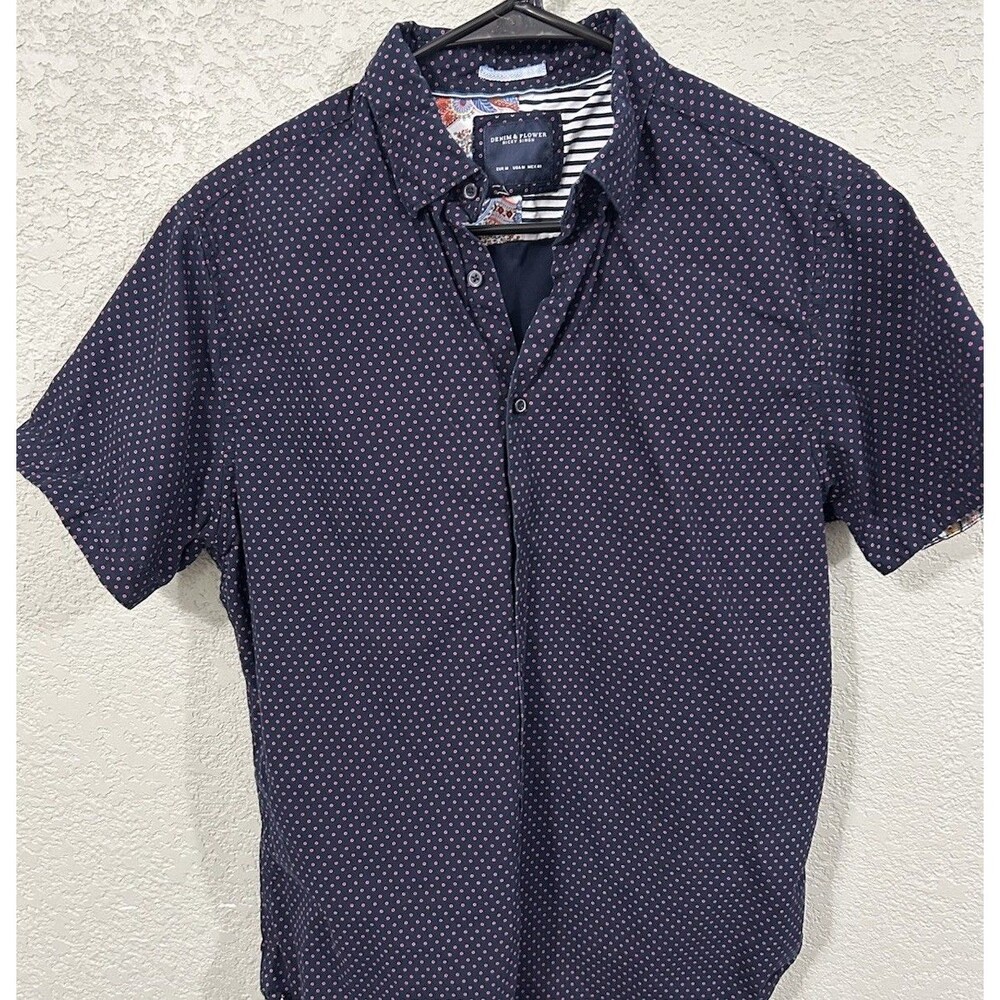 Denim & Flower Ricky Singh Mens Designer Blue Polka Dot Long Sleeve Shirt Sz Med